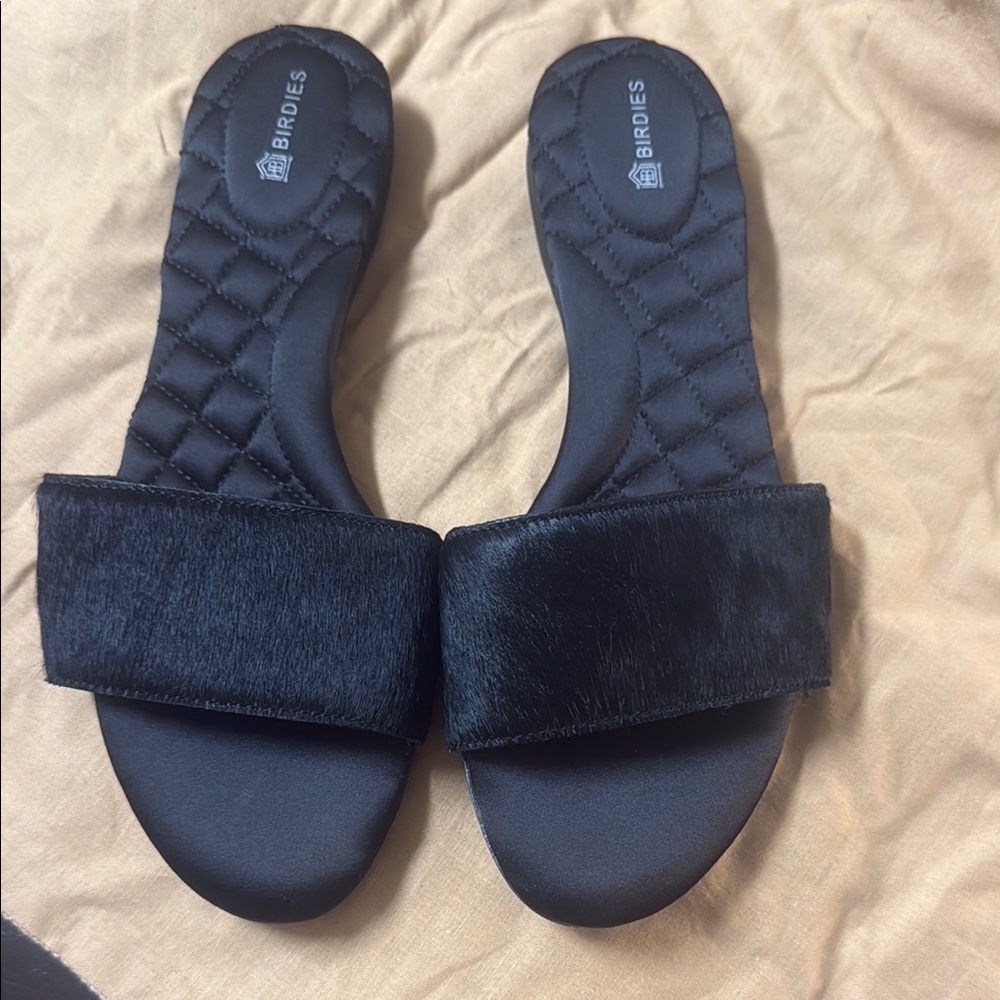 Birdies sparrow black real dyed calf hair slide sandals
